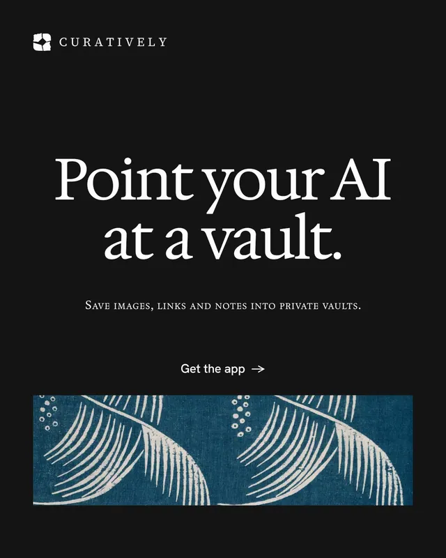 Instagram portrait post for Curatively: "Point your AI at a vault." Split block style, smallcaps layout, dark palette in black, grey.
