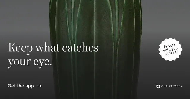 Social ad for Curatively: "Keep what catches your eye." Minimal luxury style, sticker layout, dark palette in grey, black.