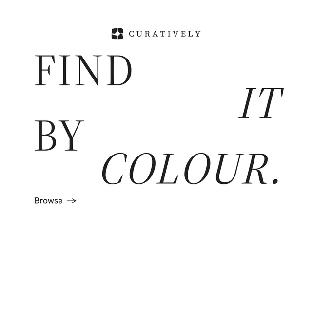 Instagram post for Curatively: "Find it by colour." Minimal luxury style, stacked layout, light palette in white.
