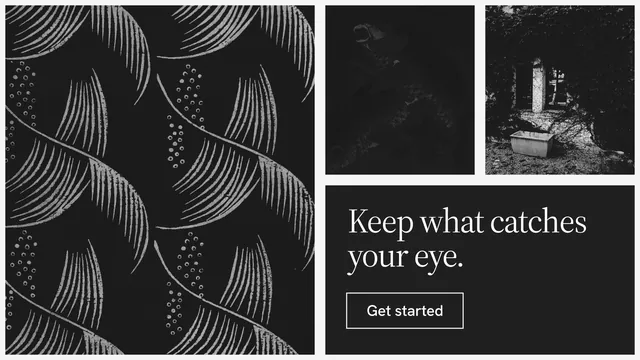 Landscape graphic for Curatively: "Keep what catches your eye." Editorial style, collage layout, dark palette in black, grey.
