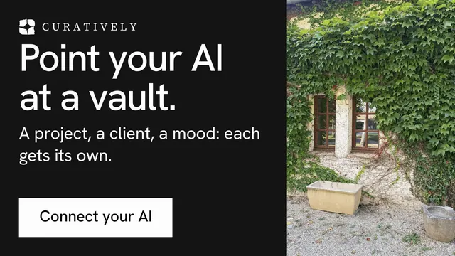 Landscape graphic for Curatively: "Point your AI at a vault." Swiss style, skeleton layout, dark palette in black, grey.