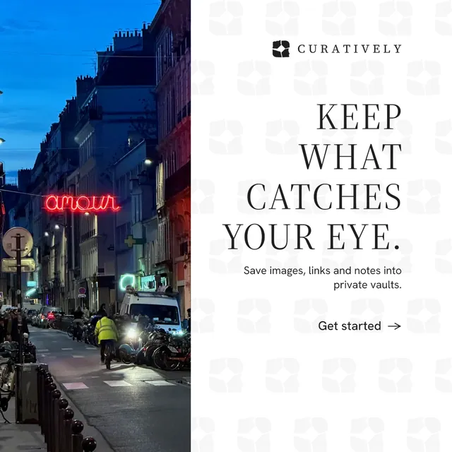 Instagram post for Curatively: "Keep what catches your eye." Minimal luxury style, right layout, light palette in blue, white.
