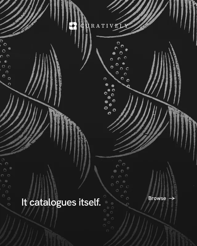 Instagram portrait post for Curatively: "It catalogues itself." Editorial style, image led layout, dark palette in black, grey.