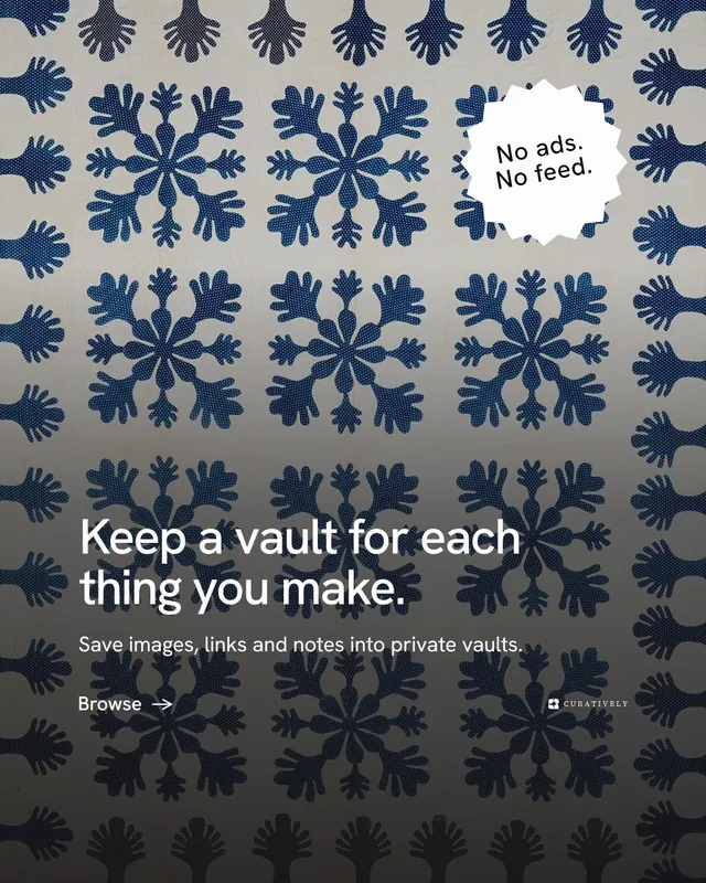 Instagram portrait post for Curatively: "Keep a vault for each thing you make." Minimal luxury style, sticker layout, dark palette in black, grey.