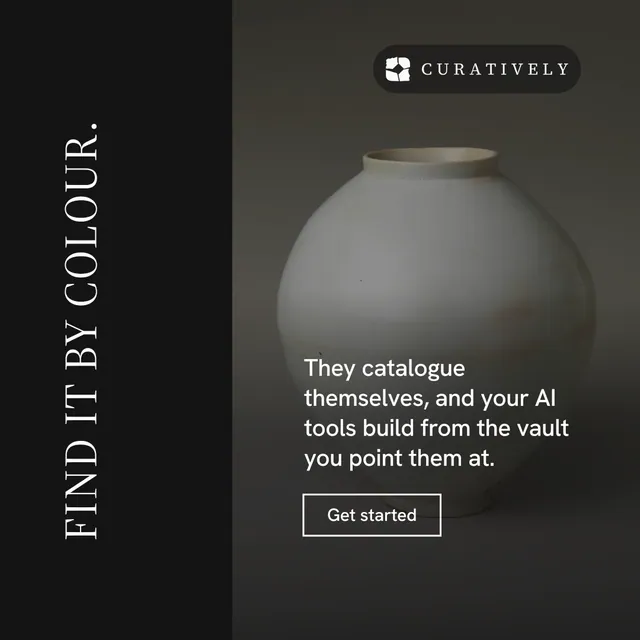 Instagram post for Curatively: "Find it by colour." Editorial style, vertical layout, dark palette in black, grey.