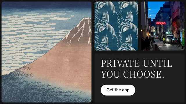 Landscape graphic for Curatively: "Private until you choose." Photo poster style, collage layout, dark palette in grey, blue, black.