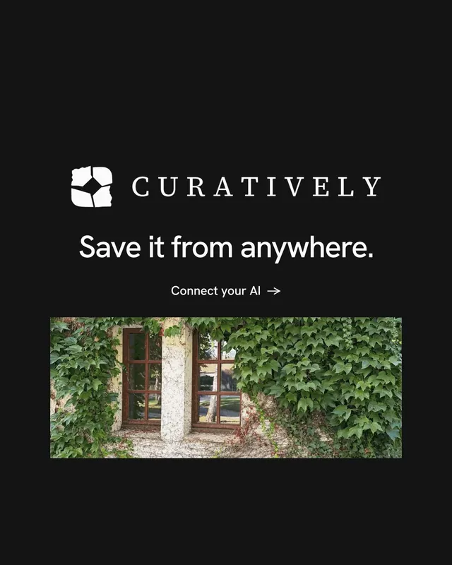 Instagram portrait post for Curatively: "Save it from anywhere." Minimal luxury style, logo hero layout, dark palette in black, grey.