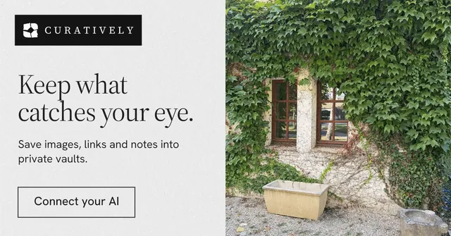 Social ad for Curatively: "Keep what catches your eye." Editorial style, bottom layout, light palette in green, white, grey.