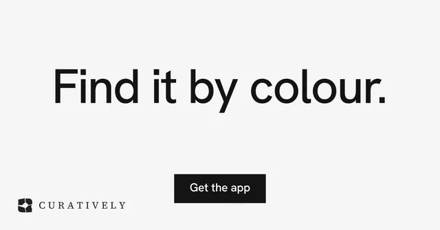 Social ad for Curatively: "Find it by colour." Swiss style, centred layout, light palette in white.