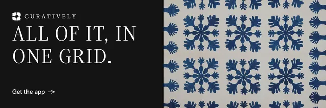 X header for Curatively: "All of it, in one grid." Minimal luxury style, bottom layout, dark palette in black, grey, blue.