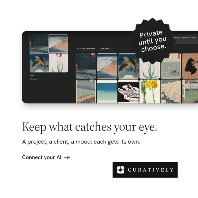 Instagram post for Curatively: "Keep what catches your eye." Minimal luxury style, sticker layout, light palette in white, black, grey.
