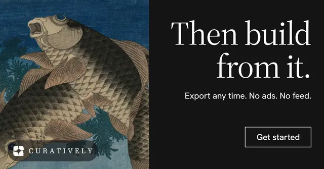 Social ad for Curatively: "Then build from it." Editorial style, right layout, dark palette in black, grey, blue.