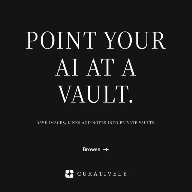 Instagram post for Curatively: "Point your AI at a vault." Photo poster style, smallcaps layout, dark palette in black, grey.
