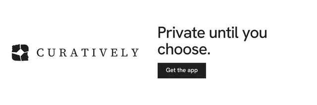 X header for Curatively: "Private until you choose." Swiss style, logo hero layout, light palette in white.