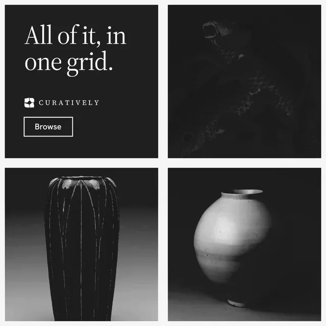 Instagram post for Curatively: "All of it, in one grid." Editorial style, collage layout, dark palette in black, white, grey.