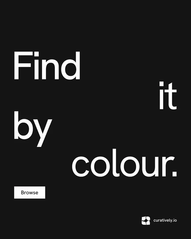 Instagram portrait post for Curatively: "Find it by colour." Swiss style, stacked layout, dark palette in black, grey.