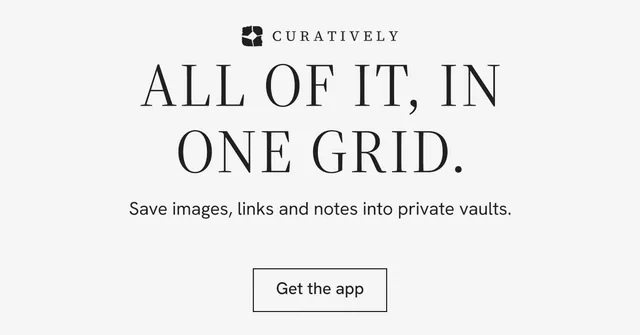 Social ad for Curatively: "All of it, in one grid." Editorial style, centred layout, light palette in white, grey.