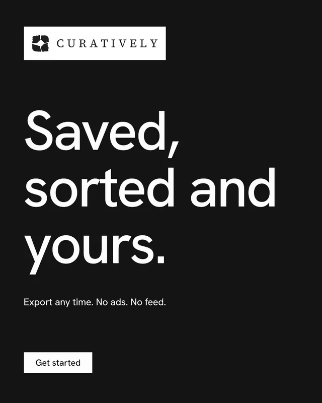 Instagram portrait post for Curatively: "Saved, sorted and yours." Split block style, announce layout, dark palette in black, grey.