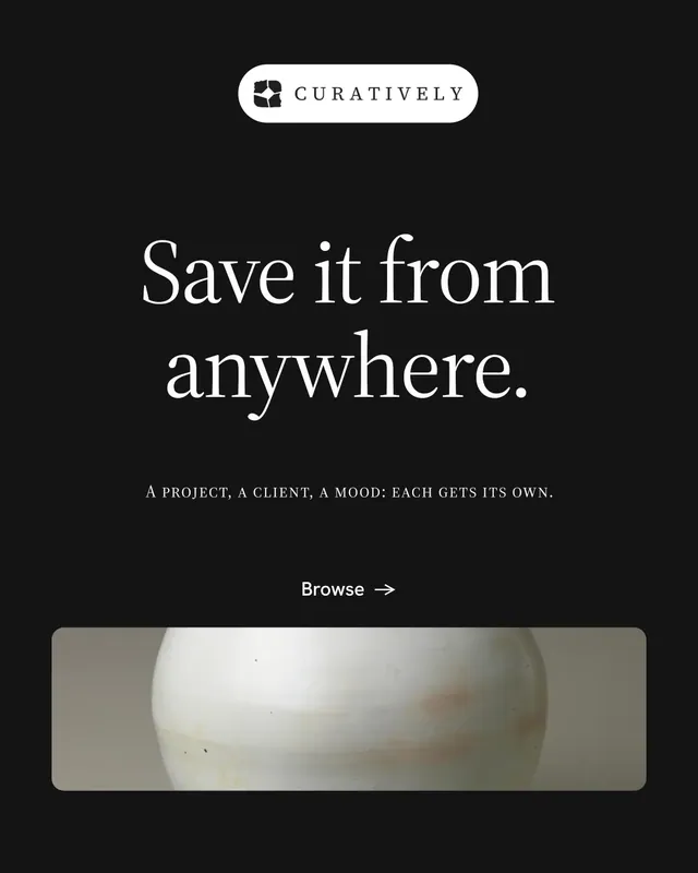 Instagram portrait post for Curatively: "Save it from anywhere." Photo poster style, smallcaps layout, dark palette in black, grey, white.