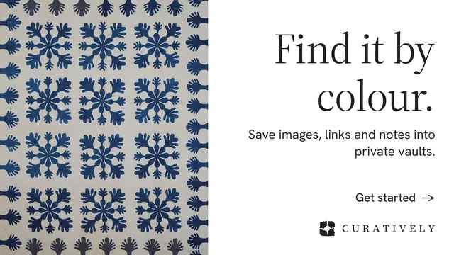 Landscape graphic for Curatively: "Find it by colour." Minimal luxury style, right layout, light palette in white, grey.