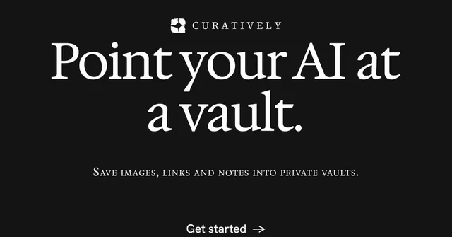 Social ad for Curatively: "Point your AI at a vault." Split block style, smallcaps layout, dark palette in black.