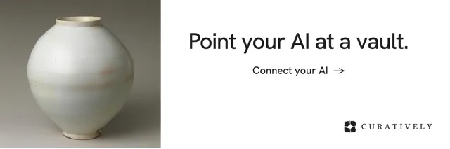 X header for Curatively: "Point your AI at a vault." Minimal luxury style, skeleton layout, light palette in white, grey.