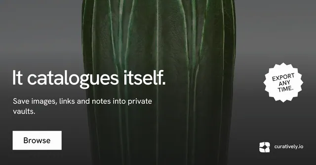 Social ad for Curatively: "It catalogues itself." Swiss style, sticker layout, dark palette in black, grey.