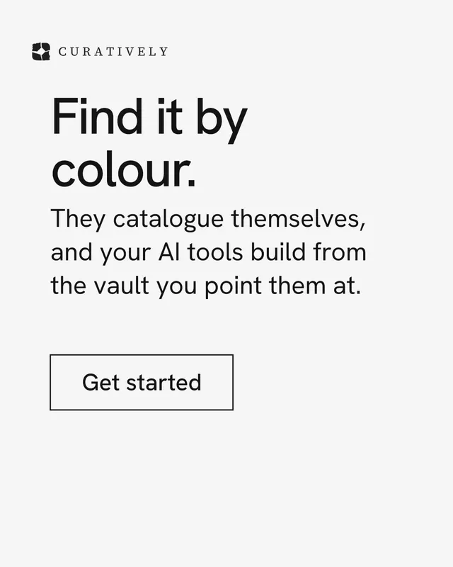 Instagram portrait post for Curatively: "Find it by colour." Editorial style, skeleton layout, light palette in white, grey.