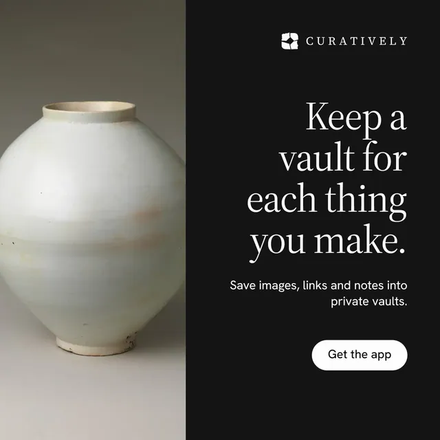 Instagram post for Curatively: "Keep a vault for each thing you make." Photo poster style, right layout, dark palette in black, grey.