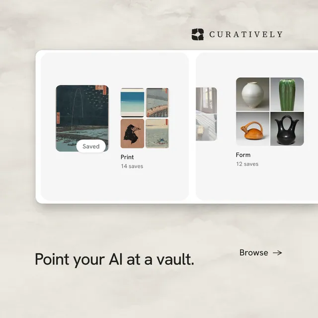 Instagram post for Curatively: "Point your AI at a vault." Editorial style, image led layout, light palette in orange, yellow, white.