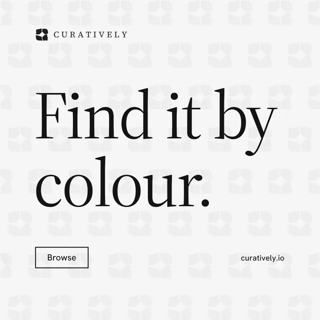 Instagram post for Curatively: "Find it by colour." Editorial style, poster layout, light palette in white, grey.