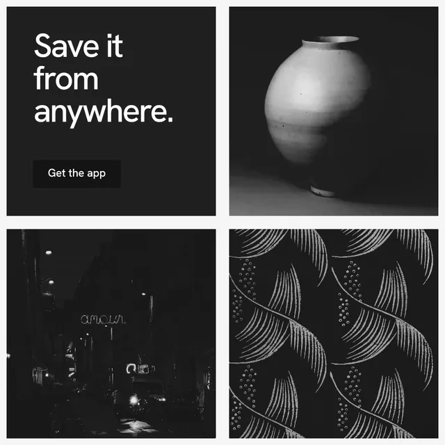 Instagram post for Curatively: "Save it from anywhere." Swiss style, collage layout, dark palette in black, white, grey.