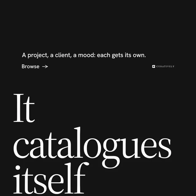 Instagram post for Curatively: "It catalogues itself." Minimal luxury style, oversized layout, dark palette in black, grey.