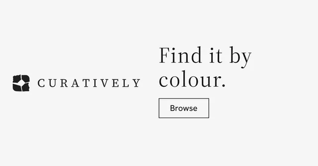 Social ad for Curatively: "Find it by colour." Editorial style, logo hero layout, light palette in white.