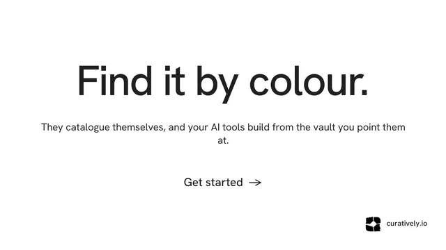 Landscape graphic for Curatively: "Find it by colour." Minimal luxury style, centred layout, light palette in white.
