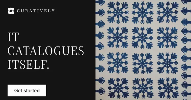 Social ad for Curatively: "It catalogues itself." Split block style, bottom layout, dark palette in black, grey, blue.