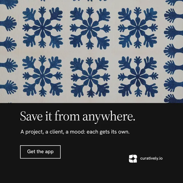 Instagram post for Curatively: "Save it from anywhere." Editorial style, bottom layout, dark palette in black, grey, blue.