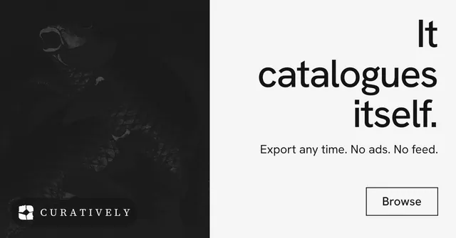 Social ad for Curatively: "It catalogues itself." Editorial style, right layout, light palette in black, white, grey.