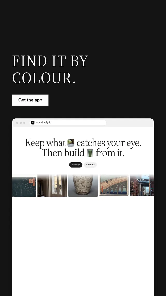 Instagram story for Curatively: "Find it by colour." Split block style, browser layout, light palette in white, black, grey.
