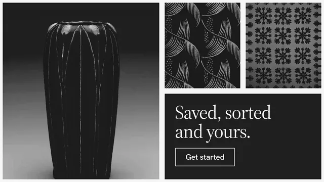 Landscape graphic for Curatively: "Saved, sorted and yours." Editorial style, collage layout, dark palette in black, grey.