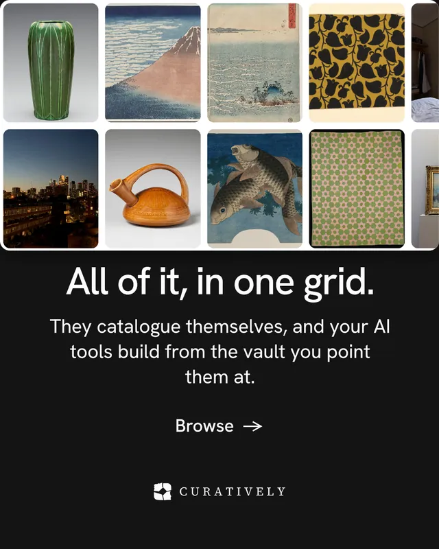 Instagram portrait post for Curatively: "All of it, in one grid." Minimal luxury style, skeleton layout, dark palette in black, grey.