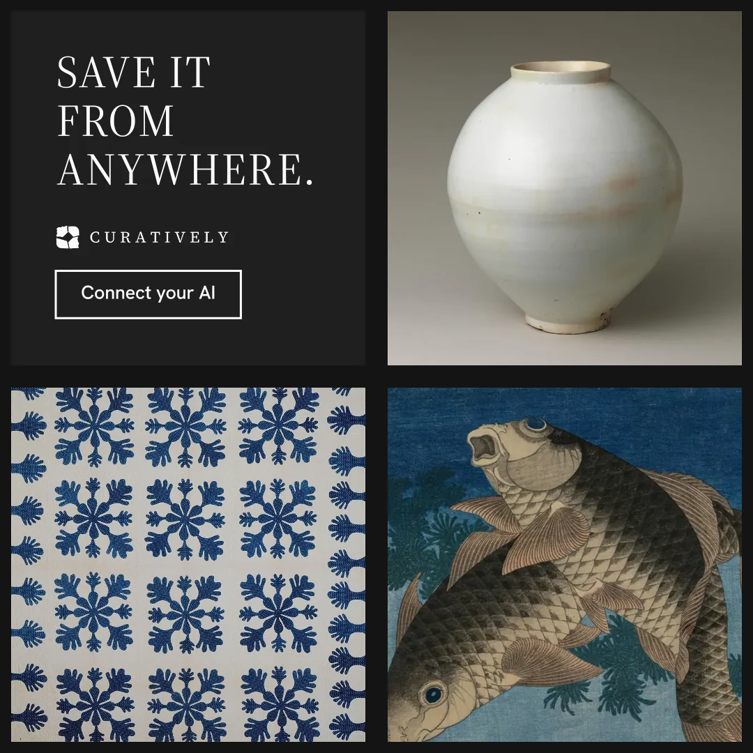 Instagram post for Curatively: "Save it from anywhere." Editorial style, collage layout, dark palette in grey, black.