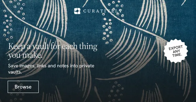 Social ad for Curatively: "Keep a vault for each thing you make." Editorial style, sticker layout, dark palette in blue, grey.