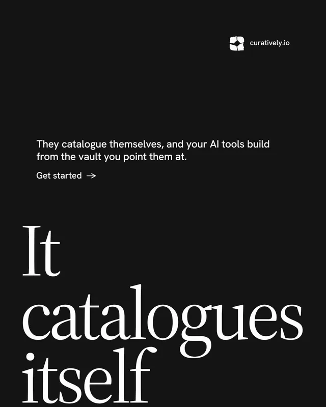 Instagram portrait post for Curatively: "Find it by colour." Minimal luxury style, oversized layout, dark palette in black, grey.