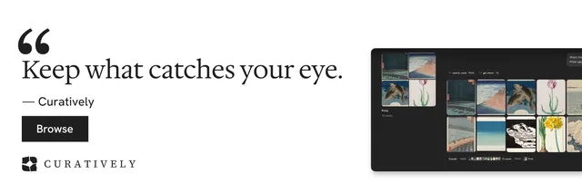 X header for Curatively: "Find it by colour." Swiss style, quote layout, light palette in white, black, grey.