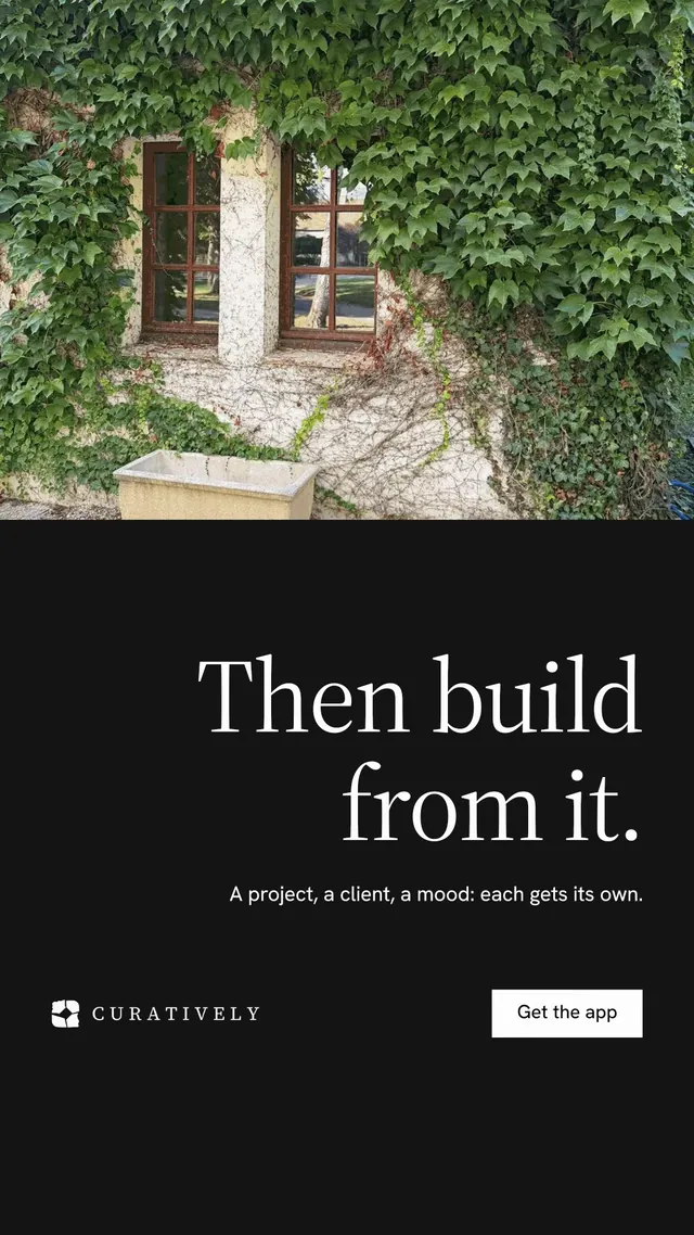 Instagram story for Curatively: "Then build from it." Split block style, right layout, dark palette in black, green, grey.