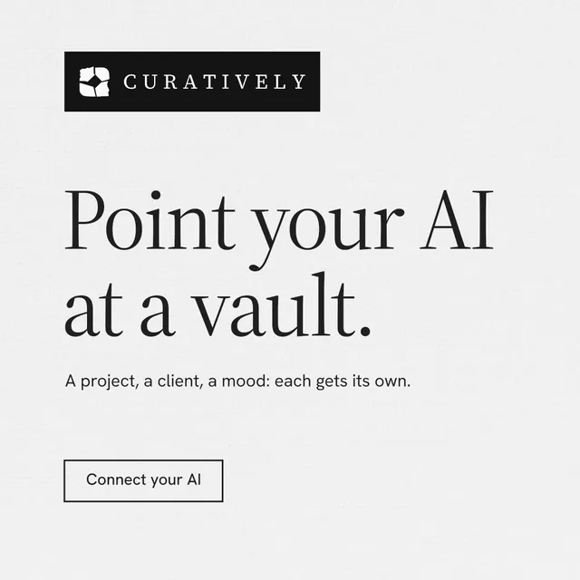 Instagram post for Curatively: "Point your AI at a vault." Editorial style, announce layout, light palette in white, grey.