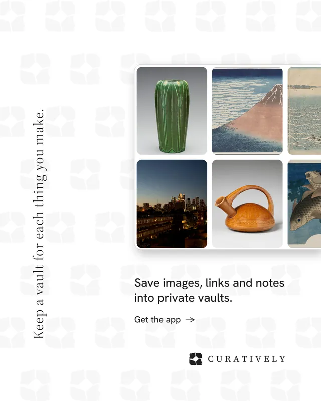 Instagram portrait post for Curatively: "Keep a vault for each thing you make." Minimal luxury style, vertical layout, light palette in white, grey.