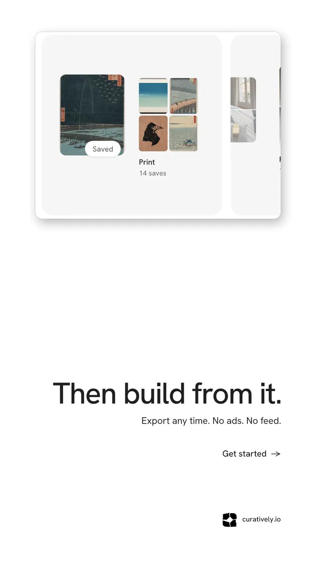 Instagram story for Curatively: "Then build from it." Minimal luxury style, right layout, light palette in white, grey.