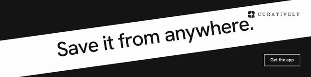 LinkedIn banner for Curatively: "Save it from anywhere." Editorial style, diagonal layout, light palette in black, white, grey.